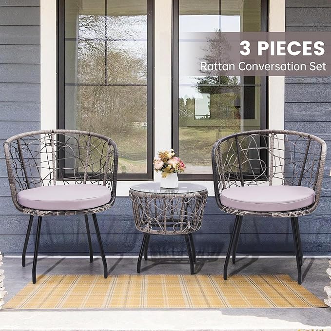 Kromax 3 Piece Bistro Set, Modern Outdoor Wicker Patio Furniture with Tempered Glass Table Top and 2 Chairs, Washable Cushions, Grey Rattan and Grey Cushion