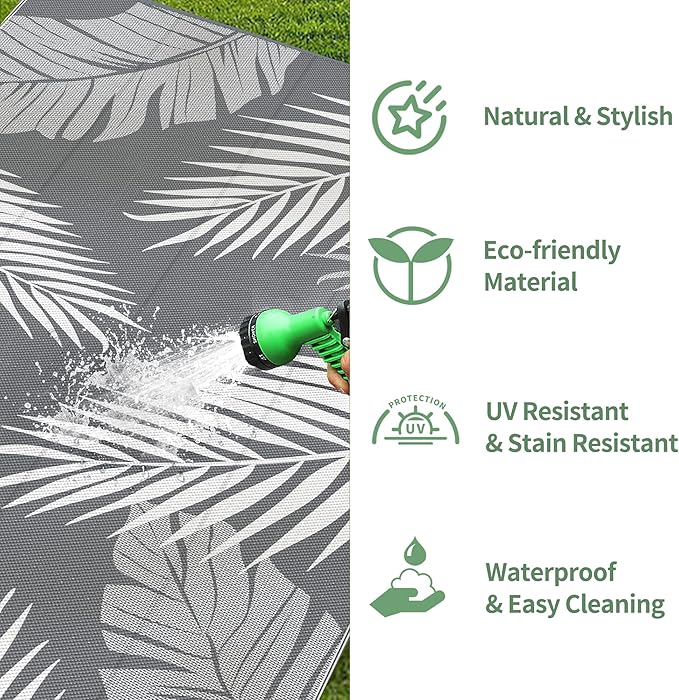 GENIMO Outdoor Rug 9' x 18' Waterproof for Patios Clearance, Reversible, Plastic Straw Camping Rug Carpet, Large Area Rugs Mats for RV, Picnic, Backyard, Deck, Balcony, Porch, Beach, Grey&White