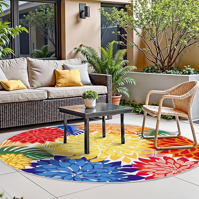 Indoor Outdoor 6FT Round Area Rug Washable Rugs Multicolored Patio Rug Tropical Botanical Modern Floral Indoor Outdoor Round Carpet Non Slip for RV, Pool Deck, Backyard, Porch