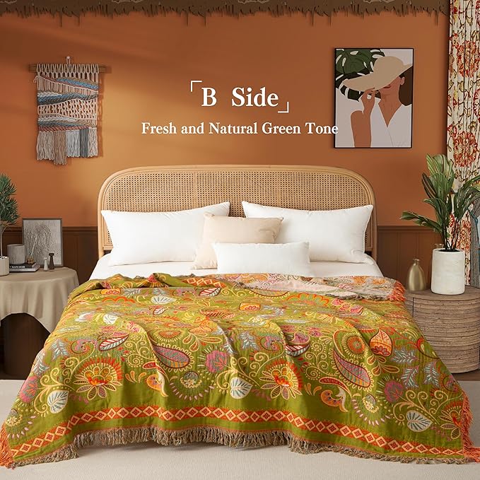 Boho Throw Blanket Twin Size, Soft Cozy Cotton Muslin Quilt Blanket for Bed Decor, Floral Patterned Couch Sofa Chair Cover, Vintage Farmhouse Cottage Tapestry Woven Blanket, Coral&Green
