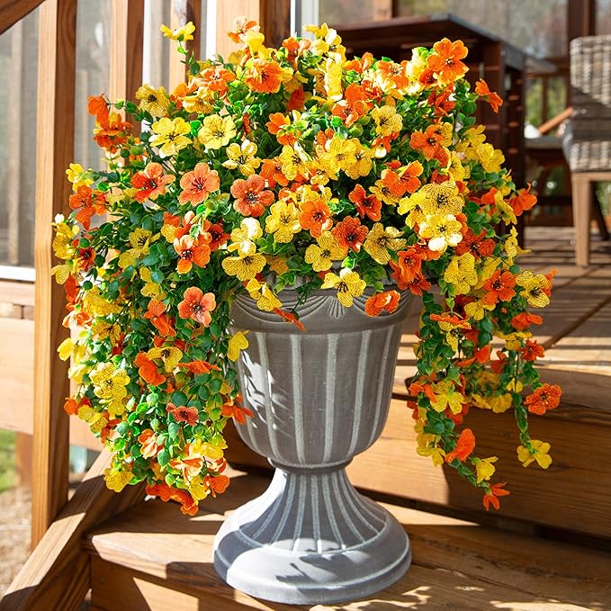 INSPRING Artificial Flowers for Outdoors Fake Mums Hanging Plants Decor, 2Pcs Silk Daisy with Eucalyptus UV Resistant Look Real Trailing Vines for Planter Front Door Patio Yard, OrangeYellow