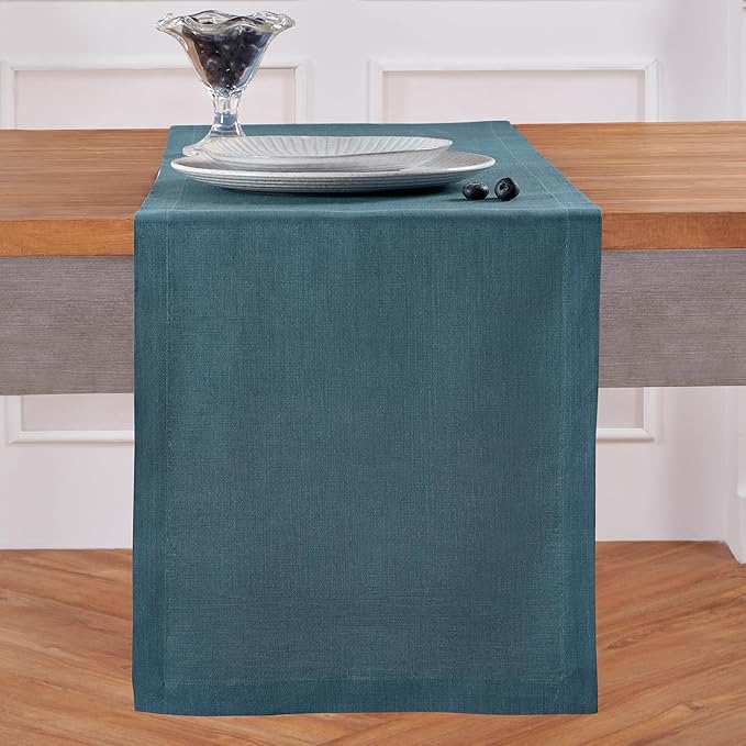 Solino Home Linen Table Runner 108 Inches Long - 100% Pure Linen Peacock Blue Table Runner 14 x 108 Inch - Fete