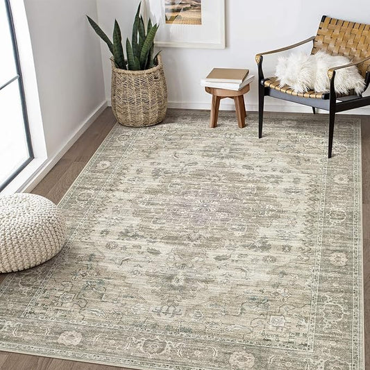 Washable Area Rugs for Living Room - 5x7 Neutral Vintage Distressed Floral Farmhouse Boho Large Soft Floor Rug Indoor Non Slip Carpet for Living Room Bedroom Dining Room Office - Brown/Tan