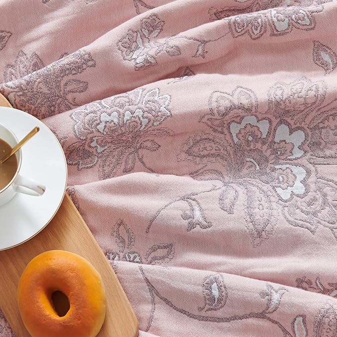 jinchan Boho 100% Cotton Muslin Twin Size 60x80 Inches Blanket Lightweight 4-Layer Quilted Soft Pink Red Floral Throw Blanket Reversible Comfy Flower Breathable All Seasons Couch Bedroom Decor