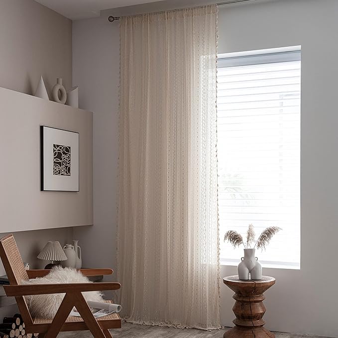 Sutuo Home Boho Curtains for Bedroom Nursery 90 Inch Length, Bohemian Geometric Crochet Sheer Lace Handmade Tassels Window Treatment Vintage Rustic Drape Rod Pocket 1 Panel 59" W x 90" L, Beige Wave
