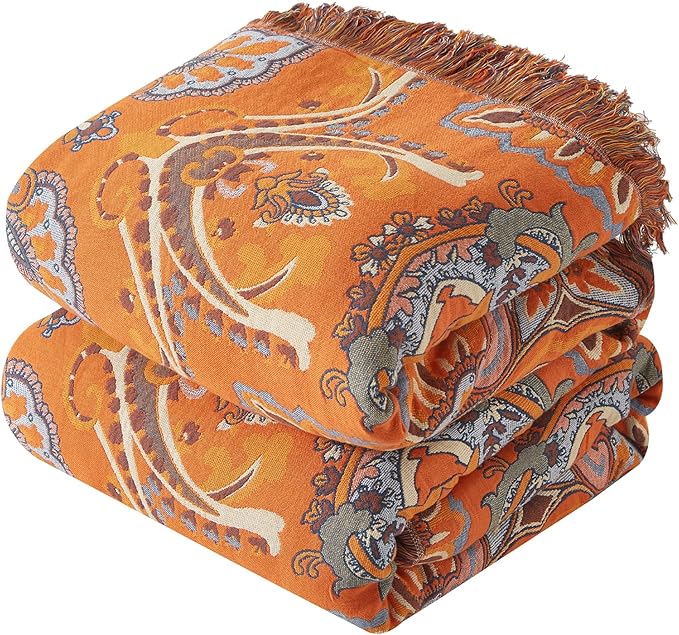 Boho Throw Blanket for Couch Sofa Bed, 100% Cotton Woven Quilt with Tassel 60”x80”, Super Soft Muslin Blanket with Oriental Universe Printed, Decorative Reversible Bed Blanket/Cover for All Seasons