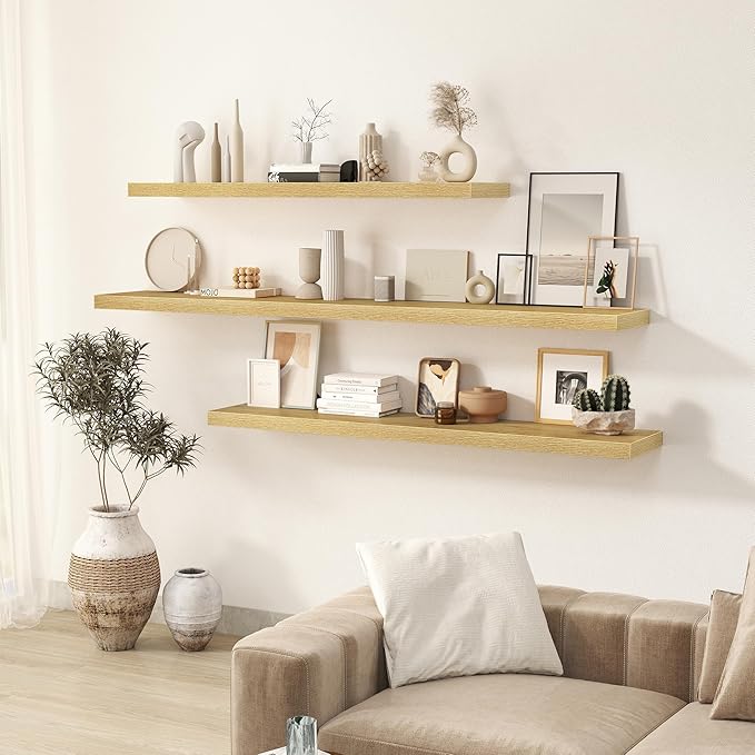 Floating Shelves Wall Shelf 48 Inch, 9.3 Inch Deep Floating Shelf for Wall, Farmhouse Black Wood Shelves Invisible Bracket for Living Room, Bedroom, Kitchen, 48 x 9.3 x 1.4 Inch, Set of 2, Oak Color