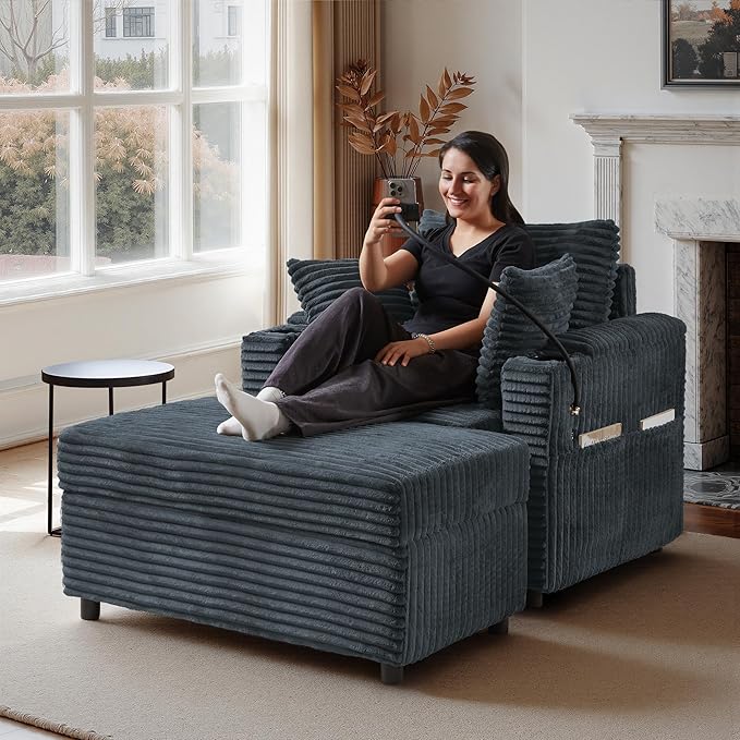 Accent Chair with Storage Ottoman Upholstered Living Room Chairs for Reading Chair with Chaise Lounge Chairs Indoor, Comfortable Armchair for Bedroom