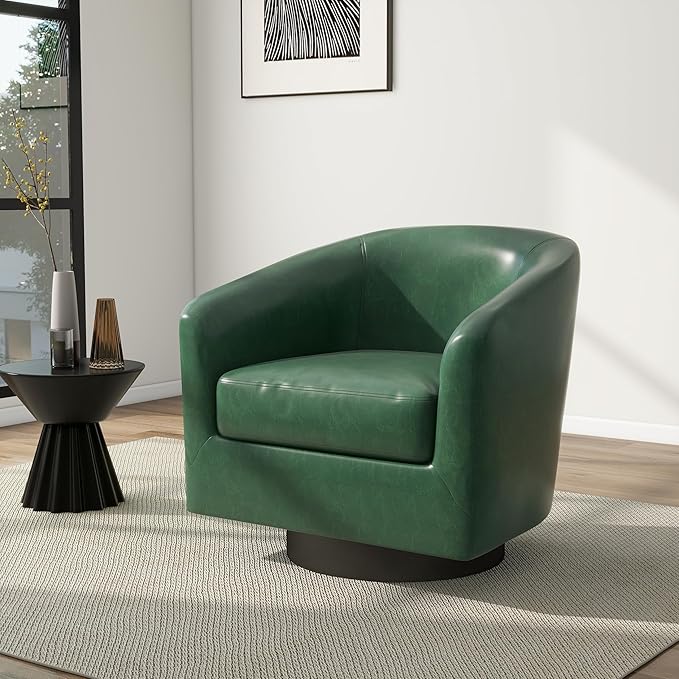 Swivel Barrel Accent Chair, Modern Round Faux Leather Arm Chair for Living Room, Bedroom, Comfy Club Reading Chairs for Adults(Faux Leather, Green, Set of 1)