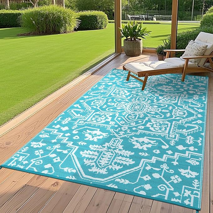 Outdoor Rug 9x12 Waterproof Reversible Plastic Straw Patio Rug, Stain-Resistant Vintage Medallion Carpet, Large Easy-Cleaning Indoor Outdoor RV Mat for Deck, Camping, Balcony, Light Blue/White