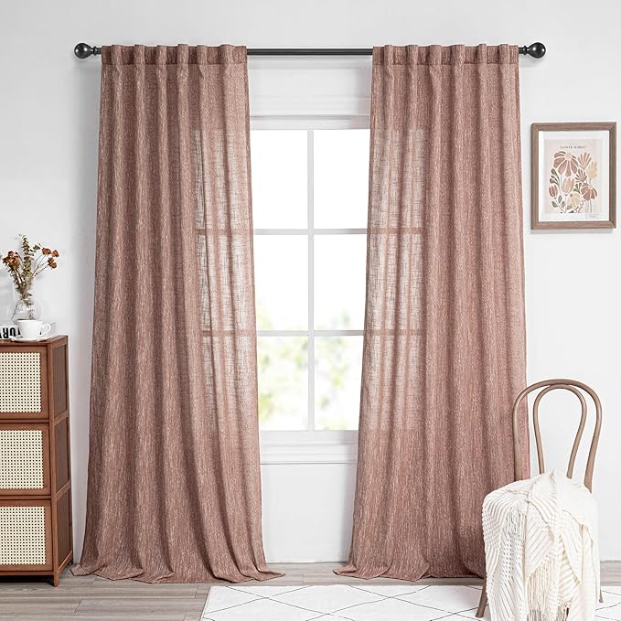 MYSKY HOME Living Room Curtains for Windows, Linen Look Texture Semi Sheers Boho Drapes Extra Long Floor Length Curtain Panels Soft Cotton Fabric, 50 x 108 Inch, Brick Red, 2 PCs