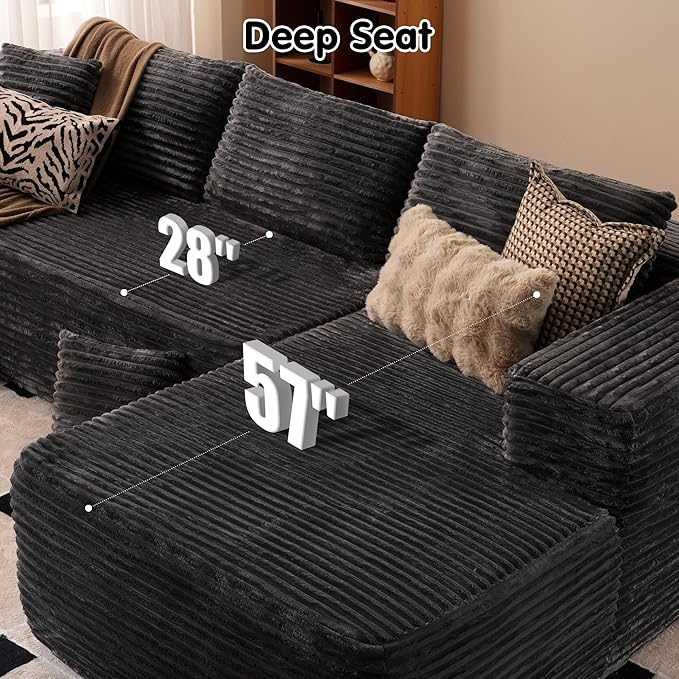 ovios 104" Cloud Sectional Couch with L-Shape Chaise,Modern Modular Sofa with Deep Seat, Upholstered Couches for Living Room Bedroom,No Assembly Required, Grey (Plush Corduroy Fabric)