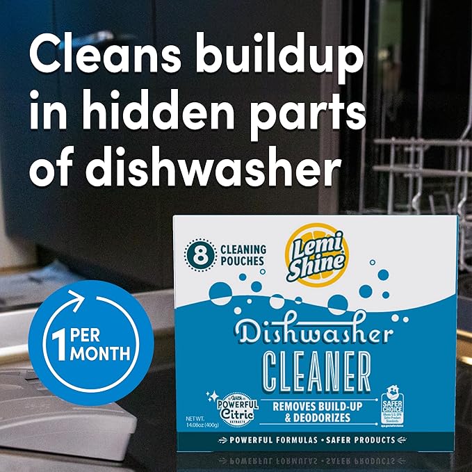 Lemi Shine Natural Dishwasher Cleaner Powered By Citric Acid | 100% Guaranteed Hard Water Cleaning Powder | Eco-Friendly Dishwasher Cleaner and Deodorizer With Fresh Lemon Scent (8 Count)
