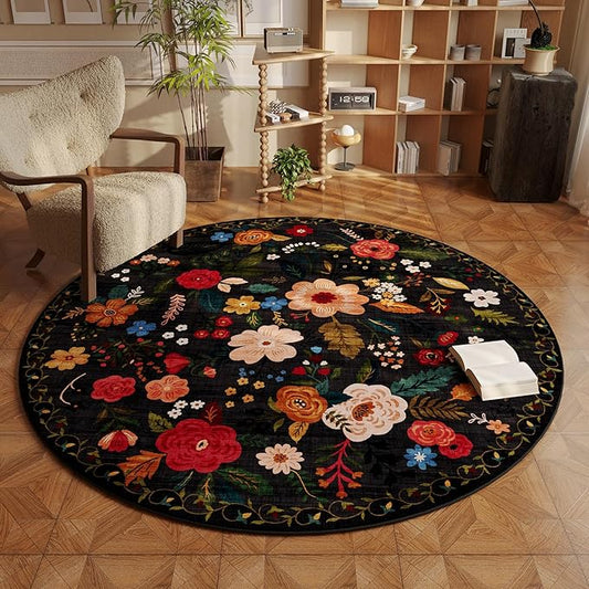 Round Rug 6ft Washable Circle Rug Non Slip Low Pile Boho Floral Small Circular Rug for Bedroom, Bathroom, Entryway, Kids Room, Office, College Dorm(Black)
