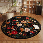 Round Rug 4ft Washable Circle Rug Non Slip Low Pile Boho Floral Small Circular Rug for Bedroom, Bathroom, Entryway, Kids Room, Office, College Dorm(Black)