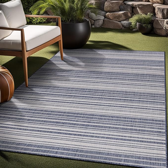 Stripe Outdoor Rug 10x14 Washable Outside Carpet for Indoor Patio Porch Waterproof Easy Cleaning Non Shedding Area Rugs Blue 10 x 14