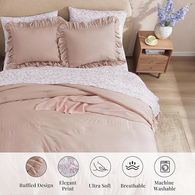 Full Comforter Set - 7 Pieces Ruffle Pink Bedding Sets, Shabby Chic Farmhouse Bed in a Bag Full with Ruffle Comforter, Floral Sheets, Pillowcases & Shams