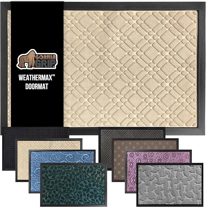 GORILLA GRIP 100% Waterproof All-Season WeatherMax Doormat, 47x35, US Designed Natural Rubber, Stain and Fade Resistant, Low Profile Indoor Outdoor Door Mats, Easy Clean Patio Mat, Modern Latte