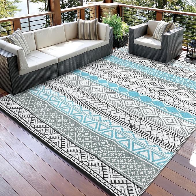 GAOMON Outdoor Plastic Straw Rug, 10'x14' Reversible Sage Green Patio Mat, Flower Modern Design for RV, Backyard, Deck, Camping, Picnic, Blue/Grey(Bohemia)