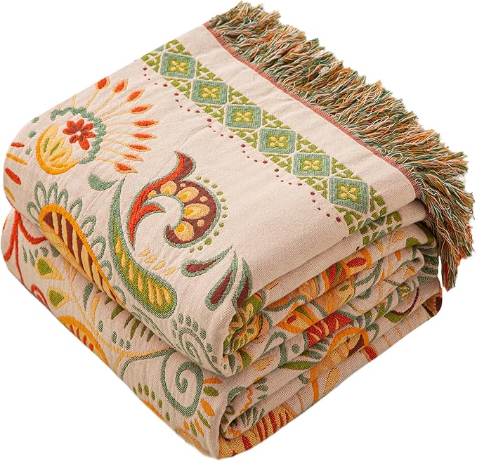 Boho Throw Blanket Queen Size, Oversized Soft Cozy Cotton Muslin Quilt Blanket for Bed Decor, Floral Patterned Couch Sofa Chair Cover, Vintage Farmhouse Cottage Woven Blanket, Coral&Green