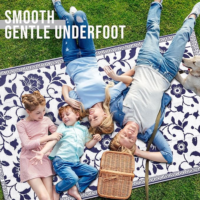 OLANLY Waterproof Outdoor Rug 5x8 ft, Outdoor Plastic Straw Rug with Flower Pattern, Reversible RV Mat for Patio, Camping, Balcony, Deck, Backyard, Navy & White