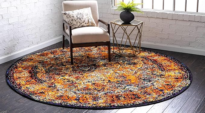 Unique Loom Rosso Collection Vintage, Traditional, Bohemian, Geometric, Border, Distressed, Southwestern Area Rug, 8 ft x 8 ft, Orange/Black