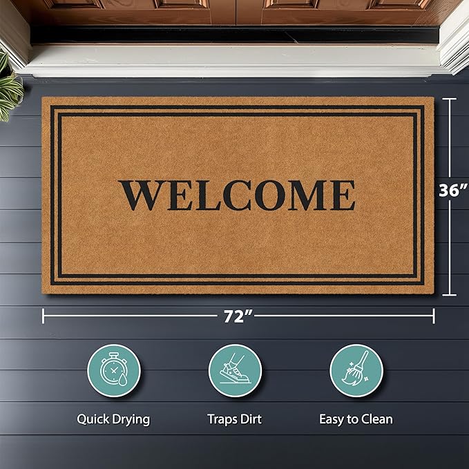 Barnyard Designs Natural Coco Coir Heavy Duty Backing Doormat - Large Cute Non-Slip Front Door Welcome Mat for Outside Entrance or Porch Entry, Brown (36x72, Welcome)
