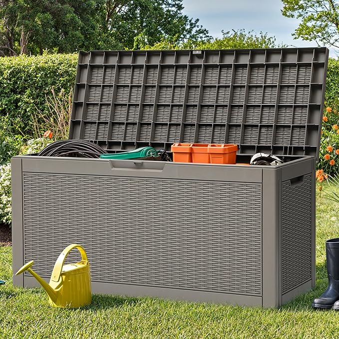 YITAHOME 60 Gallon Resin Deck Box, Weather Resistant Outdoor Rattan Storage Box, Lockable Indoor Outdoor Storage for Supplies and Essentials, Taupe