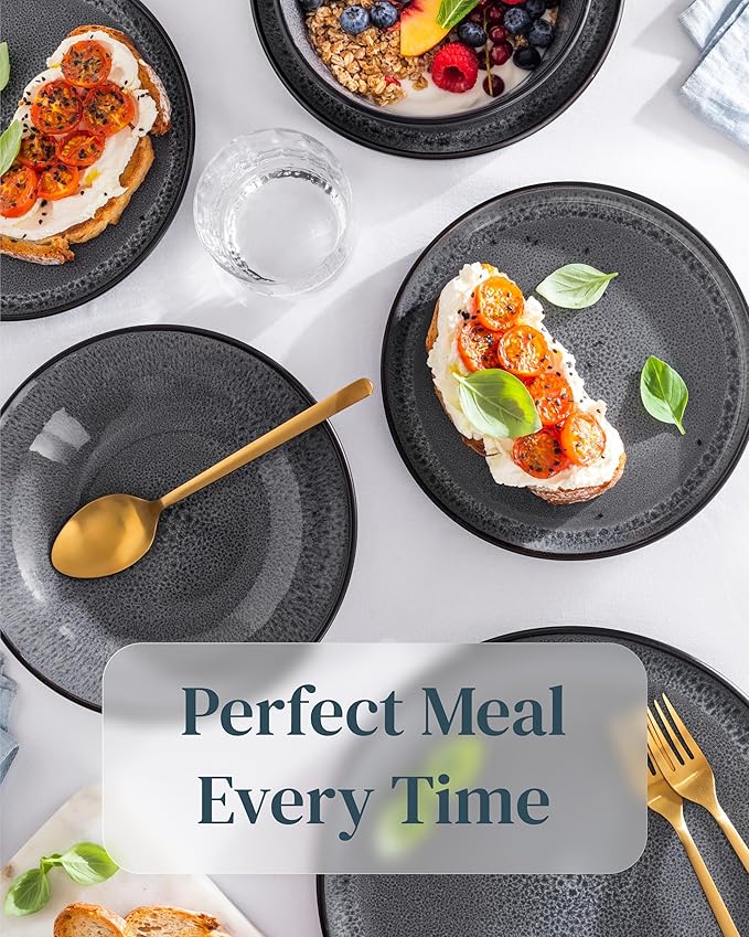 Stoneware dinnerware set 8 persons 32 pcs - Dishwasher, microwave and scratch resistant - Bowl and plate set 8 persons modern - Dinner service Pure Living black in gray…