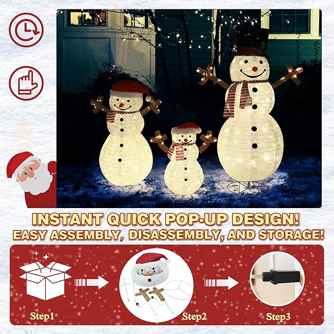 4FT Pop-Up Snowman Family, Pre-Lit Holiday Decoration Sign with 270 LED Lights, Customized Placement Holiday Display for Indoor, Outdoor