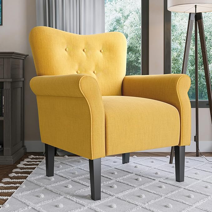 BELLEZE Modern Accent Chair, High Back Armchair, Upholstered Wingback Side Chair, Padded Single Sofa with Wooden Legs for Living Room, Bedroom - Citrine Yellow