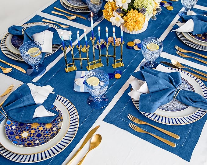 Solino Home Linen Hemstitch Table Runner 120 Inches Long - 100% Pure Linen Indigo Blue Table Runner 14 x 120 Inch for Fall, Autumn - Classic Hemstitch