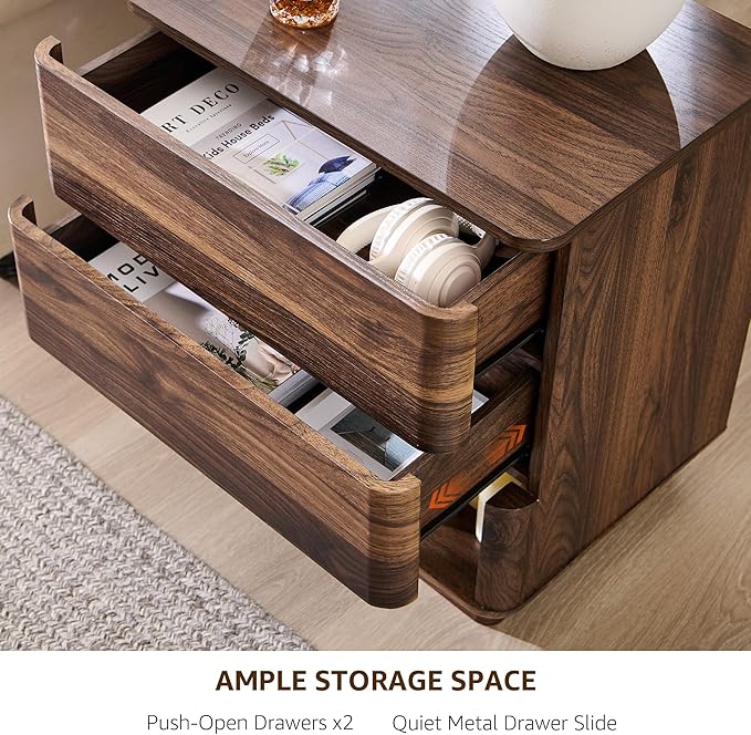 Nightstand Set of 2 with Charging Station, 22" Large Modern Bedside Table with 2 Drawers Storage,Push-to-Open End Table for Bedroom,Living Room,Brown