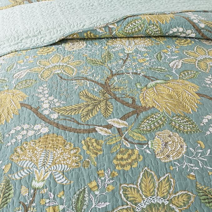 NEWLAKE Cotton Bedspread Quilt Sets-Reversible Patchwork Coverlet Set, Green Floral Pattern, King Size