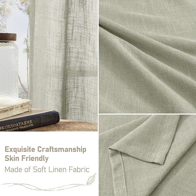 LAMIT Linen Curtains for Living Room, Sage Grey 90 Inch Length Bronze Grommet Linen Textured Farmhouse Curtains Light Filtering Drapes for Bedroom/Dining Room, Set of 2, 52 x 90 Inch