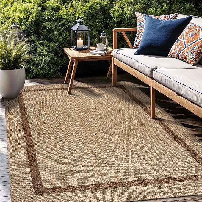 Bordered Outdoor Rug 5x7 Washable Outside Carpet for Indoor Patio Porch Waterproof Easy Cleaning Non Shedding Area Rugs Jute Beige - Nut Brown 5 x 7