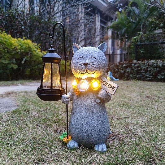 Solar Cat Garden Statues Outdoor Décor with Lantern- Cat Figurines Solar LED Light Lawn Ornaments - Yard Decorations for Patio, Balcony, Backyard -Unique House Warming Gifts for Mom