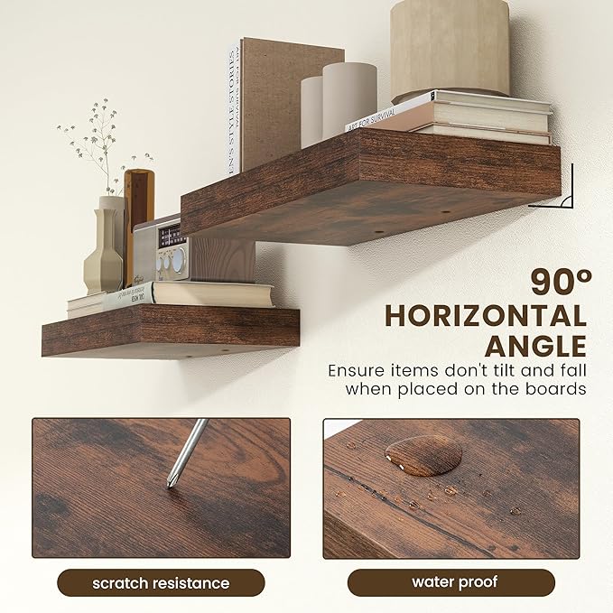 Deep Floating Shelves, 12 Inch Deep Rustic Floating Shelves Set of 2, 24 Inch Large Wall Mounted Wood Shelves for Books Laundry Room Living Room Bedroom Kitchen Home Office - Rustic Brown
