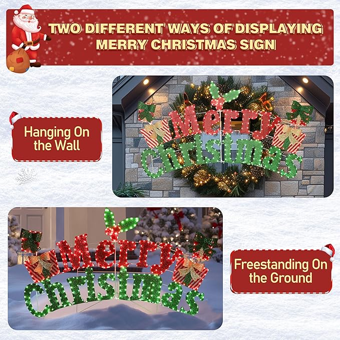 6FT Merry Christmas Sign for Decoration, 2-in-1 Pre-Lit Holiday Greeting Sign Decor with 456 LED Lights, Freestanding or Hanging Glittered Holiday Display for Outdoor, Indoor
