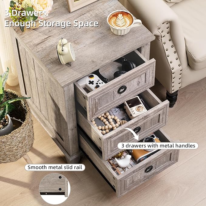 Farmhouse Night Stand Set of 2, 18" End Table with 3 Drawer Metal Handle, Dresser for Bedroom, Sofa Bed Side Table Chest of Drawers,Wood Nightstand Cabinet for Organizer, Living Room-Oak