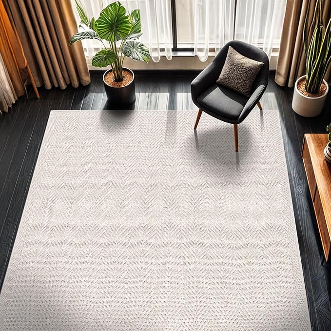 CAMILSON Easy Jute Rug 4x6, Indoor Outdoor Off-White Color Fiber Area Rugs for Living Room Patio and Kitchen Rug Herringbone Seagrass Woven Design Easy-Cleaning Washable Outside Carpet Alfombras 4 x 6