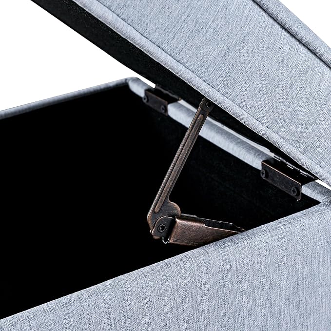 Adeco 17.5" Square Fabric Ottoman with Storage, Upholstered Cotton Linen Foot Rest, Flip Top Footstool, Small Cube Coffee Table Extra Seat for Living Room, Bedroom, Ice Blue with Rolling Legs