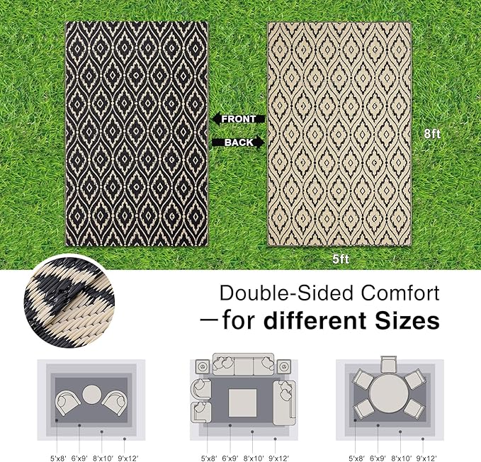 OLANLY Outdoor Rug 5x8 ft Waterproof, Outdoor Plastic Straw Rug with Geometric Pattern Clearance, Reversible RV Mat for Patio, Camping, Balcony, Deck, Backyard, Black & Beige