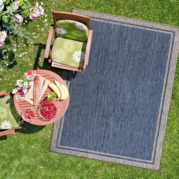 CAMILSON Indoor Outdoor Rug, 10x14 Bordered Navy Blue Gray Modern Large Area Rugs for Indoor and Outdoor Patios, Porches Waterproof Washable Porch Deck Outside Carpet (Bordered Navy, 10 x 14)