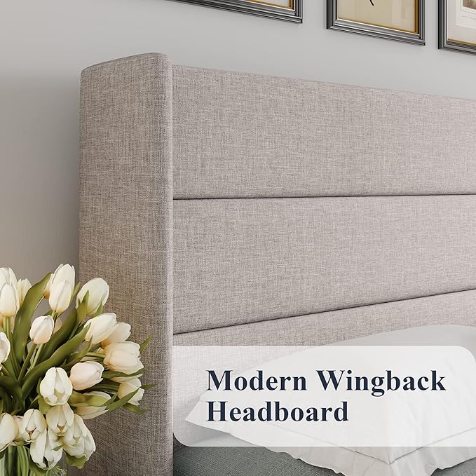 Allewie Full Size Lift Up Storage Bed, Modern Wingback Headboard, Hydraulic Support, No Box Spring Needed, Light Beige
