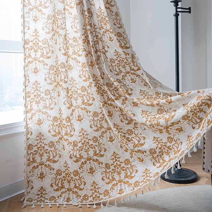 Sutuo Home Boho Curtains for Bedroom Living Room 96 Inches Length Long, Printing Moroccan Cotton Linen Rod Pocket Vibe Farmhouse Bohemian Tassels Window Treatment, 1 Panel 59" W x 96" L, Brown Damask