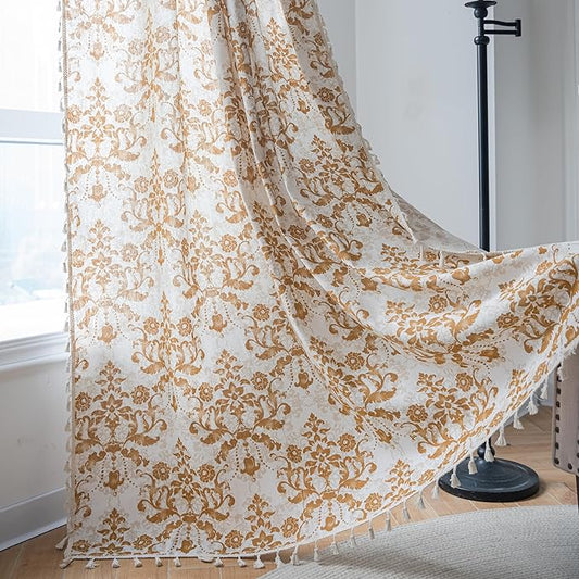 Sutuo Home Boho Curtains for Bedroom Living Room 96 Inches Length Long, Printing Moroccan Cotton Linen Rod Pocket Vibe Farmhouse Bohemian Tassels Window Treatment, 1 Panel 59" W x 96" L, Brown Damask