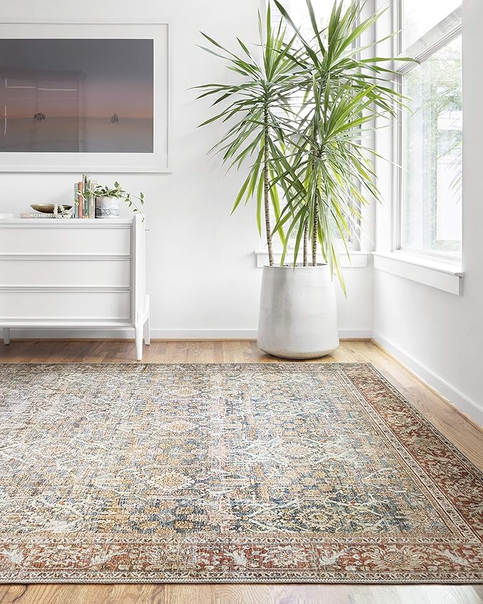 Loloi Layla Collection LAY-04 Ocean/Rust 2'-6" x 7'-6" .13" Thick Runner Rug, Soft, Durable, Vintage Inspired, Distressed, Low Pile, Non-Shedding, Easy Clean, Printed, Living Room Rug