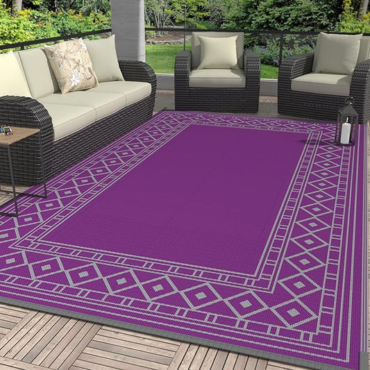 GENIMO Outdoor Rug Waterproof 6'x9' for Patio, Foldable Reversible Plastic Straw Carpet for Travel Trailers, Outside Area Mat for Rv, Deck, Picnic, Porch, Camper, Balcony, Beach, Purple & Grey