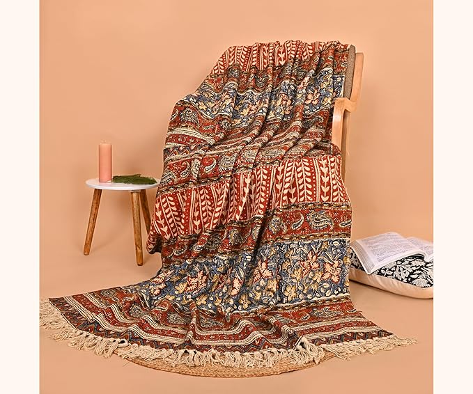 Handmade Cotton Floral Throw Blanket | Indian Block Print with Tassels | Boho Fringed Sofa & Bed Cover | 48x70 Inches Lightweight Decorative Throw for Couch, Living Room & Bedroom